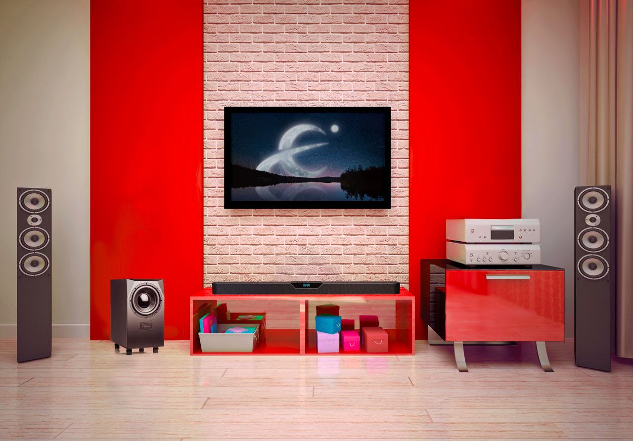 Home theater with a wall-mounted display and surround sound speakers